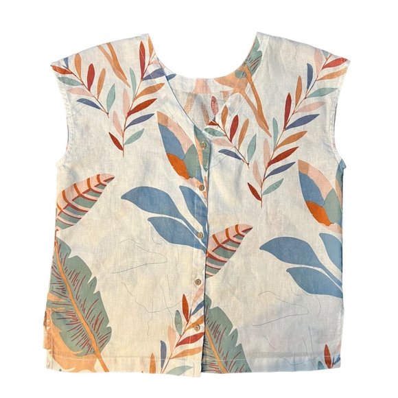 Cynthia Rowley Medium 100% Linen Botanical Leaf Feather Shirt Button Back Boho‎ - Picture 2 of 7